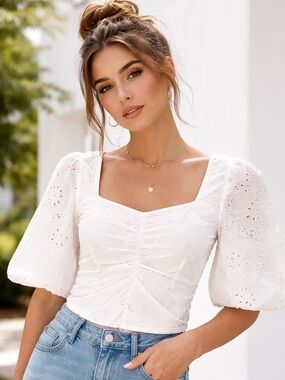 Scotch & Soda NEW WITH TAGS White Eyelet Square-Neck Top Size US 2 Small/xsmall